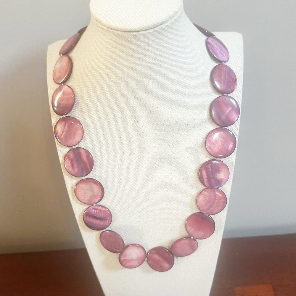 Purple Round Shell Beaded Necklace Flat Disc Statement Jewelry